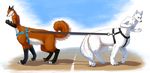  2017 ambiguous_gender canine day digital_media_(artwork) dog duo fox foxtaur fur harness jay-kuro male mammal orange_fur outside paws smile taur tug_of_war white_fur 