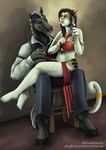  2017 alcohol anthro beverage clothed clothing dancing digital_media_(artwork) duo equine female horn horse humanoid humor male male/female mammal sevenarms simple_background smile whiskey 