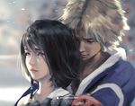  1girl artist_name bangs black_hair blonde_hair blue_eyes blurry blurry_background closed_eyes closed_mouth commentary depth_of_field final_fantasy final_fantasy_x gloves heterochromia hug hug_from_behind long_hair patreon_username tidus upper_body wlop yuna_(ff10) 