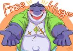  &lt;3 anthro belly blush clothed clothing fish hug jewelry male marine musclegut necklace noll423z obese open_shirt overweight scar shark smile solo tokyo_afterschool_summoners typhon 