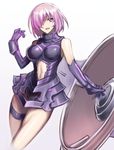  :d breasts elbow_gloves fate/grand_order fate_(series) gloves hair_over_one_eye jonylaser large_breasts looking_at_viewer mash_kyrielight navel open_mouth purple_eyes purple_gloves purple_hair shield short_hair simple_background smile solo white_background 