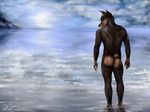  2015 5_fingers absurd_res anthro beach blue_eyes brown_skin butt canine day doberman dog hi_res killianwalker looking_at_viewer looking_back male mammal multicolored_skin nude seaside short_tail sky smile solo standing tan_skin two_tone_skin water 
