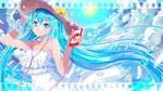  aqua_eyes aqua_hair chabata_keanri cloud commentary_request day digital_media_player dress earbuds earphones film_border floating_hair hat hatsune_miku highres long_hair looking_at_viewer sky smile solo strapless strapless_dress straw_hat sun_hat twintails very_long_hair vocaloid wallpaper white_dress 