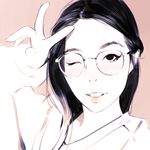  close-up glasses ilya_kuvshinov long_hair looking_at_viewer one_eye_closed original parted_lips simple_background solo upper_body v 