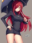  blush breasts cross cross_necklace hair_over_one_eye hand_on_hip iroyopon jewelry large_breasts long_hair long_sleeves looking_at_viewer necklace parasoul_(skullgirls) red_hair skullgirls solo turtleneck_dress umbrella yellow_eyes 