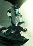  2017 anthro biceps bioluminescence black_scales bracelet claws dragon feathered_wings feathers flexing glowing horn jewelry kneeling male muscular nude patto pecs pose scales solo waterfall white_scales wings xerias 