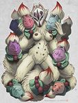  2017 anthro anthrofied breasts canine claws female fox kneeling looking_at_viewer loupgarou mammal mask multi_nipple multi_tail ninetails_(okami) nipples nude pussy simple_background solo video_games ōkami 