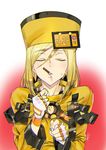  ashiomi_masato blonde_hair closed_eyes fingerless_gloves food fur_hat gloves guilty_gear guilty_gear_xrd hat incoming_pocky_kiss millia_rage mouth_hold pocky pocky_day solo sweat ushanka 