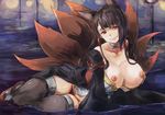  akagi_(azur_lane) animal_ears azur_lane breasts brown_hair cleavage collarbone eyeliner fox_ears fox_tail grin hair_tubes huge_nipples japanese_clothes large_breasts long_hair looking_at_viewer lying makeup moderate_pubic_hair multiple_tails nipples no_panties off_shoulder on_side partially_submerged pubic_hair red_eyes smile solo tail thighhighs wide_sleeves yohane 