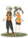  1boy 1girl absurdres arm_up bag bandanna bare_shoulders beanie bike_shorts black_hair black_pants blue_eyes breasts brown_hair fingerless_gloves full_body gloves grass green_bag hand_up haruka_(pokemon) hat holding_poke_ball legs_apart looking_at_viewer open_mouth orange_footwear orange_gloves orange_shirt outstretched_arm pants poke_ball pokemon pokemon_(game) pokemon_rse shirt shoes short_hair simple_background sleeveless sleeveless_shirt small_breasts smile sparkle standing white_background white_gloves white_hat yuihiko yuuki_(pokemon) 