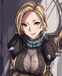  :d blonde_hair breasts brown_gloves cleavage ear_piercing gloves groin highres large_breasts looking_at_viewer open_mouth piercing red_eyes sblack see-through short_hair smile solo spikes tree_of_savior upper_body 