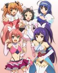  :d ahoge amatsuki_meguru armpit_peek black_hair blue_eyes blue_hair breasts brown_hair cleavage clenched_hands gradient gradient_background green_eyes hair_ribbon hand_on_hip hazuki_kurumi high_ponytail kannazuki_aoi kisaragi_sumire large_breasts leotard magical_girl midriff mole mole_under_eye multiple_girls navel one_eye_closed onomekaman oosawa_mina open_mouth pink_background pink_hair pointing pointing_at_viewer purple_hair ribbon short_hair sideboob smile twin_angel twin_angel_break twintails waving white_legwear 