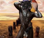  2015 5_fingers abs anthro athletic ball balls beach beach_ball black_nose black_penis brown_fur brown_hair erection eyebrows feline fur green_eyes hair holding_object humanoid_penis hybrid killian killianwalker looking_at_viewer lynx male mammal muscular nude penis pose precum sand seaside seductive sky smile smirk solo standing sunset water 