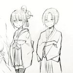  1girl bangs blunt_bangs crossed_arms glasses graphite_(medium) hair_ornament hair_stick highres japanese_clothes kimono mi_no_take monochrome obi parted_bangs round_eyewear sash short_kimono smile traditional_media vocaloid vy1 vy2 