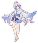  ahoge blush full_body gachimatsu japanese_clothes kimono long_hair looking_at_viewer low_twintails obi open_mouth purple_eyes purple_hair sandals sash senki_zesshou_symphogear short_kimono simple_background solo toes twintails very_long_hair white_background wide_sleeves yukine_chris 