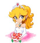  blonde_hair blue_eyes bouquet brooch choker collarbone commentary crown dress earrings elbow_gloves eyes_visible_through_hair flower gloves jewelry long_hair looking_to_the_side mario_(series) piranha_plant ponytail princess_peach solo strapless strapless_dress super_mario_bros. super_mario_odyssey tiara transparent_background upper_body veil wedding_dress white_choker white_dress white_gloves 