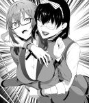  2girls bandage bandaged_arm bandages bangs black_hair blazer bow breasts collared_shirt earrings eyepatch eyes_closed glasses greyscale hair_between_eyes hairband hiiragi_yuuichi hug hug_from_behind ikishima_midari jacket jewelry kakegurui kakegurui_midari large_breasts long_hair long_sleeves monochrome multiple_girls nureba_ayame official_art one_eye_covered open_mouth piercing pleated_skirt school_uniform semi-rimless_eyewear shirt short_hair skirt smile sweat upper_body white_shirt yuri 