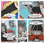  anthro balls beard belly big_belly bulge butt clothed clothing comic dialogue donkey english_text equine facial_hair male mammal mature_male muscular muscular_male smile snoopjay2 solo standing text thought_bubble undressing 