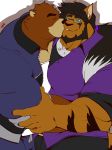  2019 absurd_res anthro beard belly black_nose brown_fur clothed clothing digital_media_(artwork) domestic_cat duo facial_hair felid feline felis fur hair hi_res humanoid_hands its_a_zombiehk juuichi_mikazuki kissing long_hair maine_coon male male/male mammal morenatsu musclegut muscular muscular_male pecs simple_background smile ursid ursine white_background zeus_hartline 