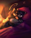  bed bedroom brown_eyes butt cutie_mark duo equine eye_contact fan_character feathered_wings feathers female fur happy horse intimate male male/female mammal my_little_pony on_bed pillow pony radiant_star romantic rune_riddle smile wings woofmaple 