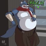  2017 anthro belly bergamo big_belly bland-toast burping canine dragon_ball dragon_ball_super hi_res male mammal open_mouth overweight overweight_male signature solo wolf 