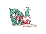  all_fours animal_ears bangs bare_legs barefoot cloud_print commentary curly_hair full_body green_eyes green_hair horn itatatata komano_aun long_hair looking_at_viewer red_shirt shirt short_sleeves shorts simple_background smile solo tail tail_raised tail_wagging touhou very_long_hair white_background white_shorts 
