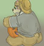  2017 anthro bear blush butt clothing eyewear food food_play fruit glasses green_background hat invalid_tag male mammal pumpkin shirt simple_background sitting solo straw_hat tokyo_afterschool_summoners volos 