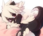  2016 anthro bed black_body butt female fluffy hair horn looking_at_viewer nude red_eyes simple_background solo unknown_species white_background white_hair youki 