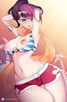  1girl armlet bikini_top black_hair breasts fiora_laurent hands_in_hair jewelry large_breasts league_of_legends multicolored_hair nanoless ponytail pool_party_fiora red_hair red_shorts scarf shorts solo sunglasses sunglasses_on_head thigh_gap tied_hair 