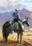  animal armor blue_sky breastplate castle cloud cloudy_sky day facing_away from_behind full_armor gauntlets greaves helmet highres horse horseback_riding knight ling_xiang male_focus original outdoors plate_armor reins riding saddle shoulder_armor signature sitting sky solo spaulders visor_(armor) 