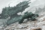  caterpillar_tracks cloud cloudy_sky dutch_angle grass grey_sky ground_vehicle hwanggyu_kim landship mecha military military_vehicle motor_vehicle no_humans original outdoors realistic scenery science_fiction sky smoke snow tank walker 