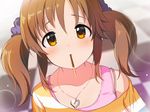  blush brown_eyes brown_hair food idolmaster idolmaster_cinderella_girls jewelry looking_at_viewer mouth_hold natsuya necklace off_shoulder pocky portrait solo totoki_airi twintails 