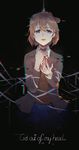  bangs black_background blue_eyes blue_skirt bow brown_hair brown_jacket brown_vest collared_shirt commentary digital_dissolve doki_doki_literature_club english eyebrows_visible_through_hair hair_between_eyes hair_bow hanged highres jacket kuroduki_(pieat) long_sleeves looking_at_viewer neck_ribbon parted_lips pleated_skirt red_bow red_neckwear red_ribbon ribbon rope sayori_(doki_doki_literature_club) school_uniform shirt skirt solo spoilers suicide vest white_shirt 