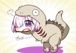  :d blush chibi commentary_request cosplay emphasis_lines eyebrows_visible_through_hair fang fate/grand_order fate_(series) hair_over_one_eye highres jako_(jakoo21) looking_at_viewer mash_kyrielight monster_in_kamata monster_in_kamata_(cosplay) open_mouth purple_eyes purple_hair shin_godzilla short_hair smile solo standing v-shaped_eyebrows 