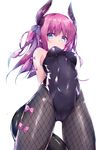  alternate_costume arms_behind_back bangs bare_arms bare_shoulders black_legwear black_leotard blue_eyes breasts cameltoe covered_navel elizabeth_bathory_(fate) elizabeth_bathory_(fate)_(all) fate/extra fate/extra_ccc fate_(series) fishnet_legwear fishnets from_below hair_ribbon highres horns kneeling leotard long_hair looking_at_viewer medium_breasts pink_hair playboy_bunny_leotard pointy_ears ribbon shiny shiny_clothes simple_background solo strapless strapless_leotard tail twiska_(doubitian) white_background 