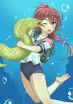  air_bubble backpack bag barefoot blue_sailor_collar blue_swimsuit bubble eel hair_ribbon highres i-168_(kantai_collection) jpeg_artifacts kantai_collection licking long_hair moray_eel one-piece_swimsuit pink_neckwear ponytail red_eyes red_hair ribbon sailor_collar school_swimsuit school_uniform serafuku soushou_nin swimsuit underwater 