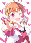  ;d ahoge bangs bow breasts commentary_request facepaint fur_collar hair_bow hair_ornament heart heart-shaped_pupils jacket kitahara_tomoe_(kitahara_koubou) looking_at_viewer love_live! love_live!_sunshine!! medium_breasts miracle_wave one_eye_closed open_mouth orange_hair pink_shirt pointing pointing_at_viewer red_eyes shirt short_hair simple_background smile star symbol-shaped_pupils takami_chika twitter_username two_side_up white_background white_jacket 