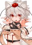  :o animal_ears bangs commentary_request crop_top gotoh510 grey_hair hat highres inubashiri_momiji long_sleeves looking_at_viewer parted_lips pom_pom_(clothes) red_eyes ribbon-trimmed_sleeves ribbon_trim short_hair solo tail tokin_hat touhou upper_body wide_sleeves wolf_ears wolf_tail 