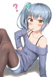  ? absurdres blue_hair blush brown_eyes brown_legwear collarbone commentary_request eyebrows_visible_through_hair flat_chest food highres kantai_collection kasumi_(kantai_collection) leaning_back looking_at_viewer mouth_hold nedia_(nedia_region) off-shoulder_sweater pantyhose pocky pocky_day ribbed_sweater short_shorts shorts side_ponytail simple_background sitting solo sweater 