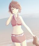 ankle_boots beach boots boots_removed brown_hair dutch_angle footwear_removed lips looking_at_viewer meiko midriff miniskirt nokuhashi ocean shore short_hair skirt smile solo vocaloid 