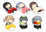  anthropomorphism arare_(kancolle) arashio_(kancolle) asashio_(kancolle) black_hair blue_hair brown_hair chibi dress food gray_hair hat kantai_collection kasumi_(kancolle) long_hair michishio_(kancolle) ooshio_(kancolle) pantyhose ponytail seifuku shirt sleeping tun twintails waifu2x white 