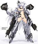 antenna_hair armor armored_boots armored_core ass_visible_through_thighs bare_shoulders blue_eyes boots character_name closed_mouth collarbone crotch_plate detached_collar dual_wielding full_body gradient gradient_background gun headgear highres holding holding_gun holding_weapon karukan_(monjya) legs_apart long_hair looking_at_viewer md5_mismatch mecha_musume navel revealing_clothes shadow silver_hair solo standing stomach thigh_boots thighhighs very_long_hair weapon white_background white_glint 