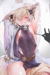  2others animal_ears armpits arms_up backless_outfit belt biting buranran collar covered_nipples erune granblue_fantasy hair_ornament hair_over_one_eye half-closed_eyes highres kou_(granblue_fantasy) lip_biting long_hair male_focus multiple_others nipple_slip nipples playing_with_another's_ears precum see-through solo_focus sweat tail thighs tickling 