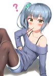  ? absurdres alternate_costume blue_hair blush brown_eyes brown_legwear collarbone commentary_request eyebrows_visible_through_hair flat_chest food highres kantai_collection kasumi_(kantai_collection) leaning_back looking_at_viewer mouth_hold nedia_(nedia_region) off-shoulder_sweater pantyhose pocky pocky_day ribbed_sweater short_shorts shorts side_ponytail simple_background sitting solo sweater 