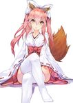  animal_ears breasts crossed_legs fate/extra fate/grand_order fate_(series) fox_ears fox_tail hair_ornament hair_ribbon highres japanese_clothes large_breasts long_hair long_sleeves looking_at_viewer miko nontraditional_miko open_mouth pink_hair red_skirt ribbon ribbon-trimmed_sleeves ribbon_trim skirt solo tail tamamo_(fate)_(all) tamamo_no_mae_(fate) thighhighs white_legwear wide_sleeves xiao_feng yellow_eyes 
