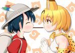  ^_^ animal_ears backpack bag blonde_hair blue_hair blush bow bowtie closed_eyes commentary elbow_gloves eyebrows_visible_through_hair food gloves hat hat_feather helmet highres japari_symbol kaban_(kemono_friends) kemono_friends monaka1107 mouth_hold multiple_girls pith_helmet pocky pocky_kiss print_neckwear profile red_shirt serval_(kemono_friends) serval_ears serval_print shared_food shirt short_hair simple_background sleeveless sleeveless_shirt sweat upper_body white_hat white_shirt yellow_eyes yuri 