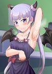  arm_behind_head armpits bangs blue_dress blunt_bangs blush breast_hold breasts can31293274 covered_nipples cum cum_on_body cum_on_hair cum_on_upper_body demon_horns demon_wings dress heart highres horns long_hair looking_at_viewer new_game! purple_eyes purple_hair small_breasts smile solo strap_slip suzukaze_aoba twintails very_long_hair wince wings 