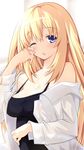  bare_shoulders blonde_hair blue_eyes blush breasts casual highres iwasi-r large_breasts long_hair looking_at_viewer neptune_(series) one_eye_closed open_mouth rubbing_eyes sleepy solo vert waking_up 