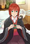  absurdres amulet animal animal_on_shoulder bottle fujiharu_(akamine) hair_between_eyes hatori_chise highres indoors looking_at_viewer mahou_tsukai_no_yome on_bed parted_lips pillow red_hair short_hair sitting solo 
