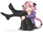  astolfo_(fate) black_bow black_ribbon blush bow braid bulge commentary_request crokase fang fate/apocrypha fate_(series) feet hair_intakes hair_ribbon leg_hug long_braid long_hair looking_at_viewer male_focus midriff multicolored_hair open_mouth otoko_no_ko pantyhose pink_hair pov_feet purple_eyes ribbon single_braid smile solo streaked_hair 